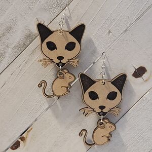 Handmade Cat & Mouse Earrings - Laser Cut Wood Dangle Jewelry Gift 4 Pet Lovers